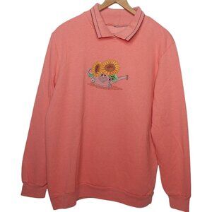 Vintage Women's L Sweatshirt Sunflowers Collared Embroidered Floral Cottagecore